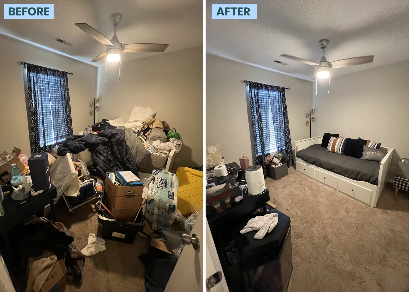 Before and after of a living room, one-time clean cleaned by Maid for America in Charlotte, NC