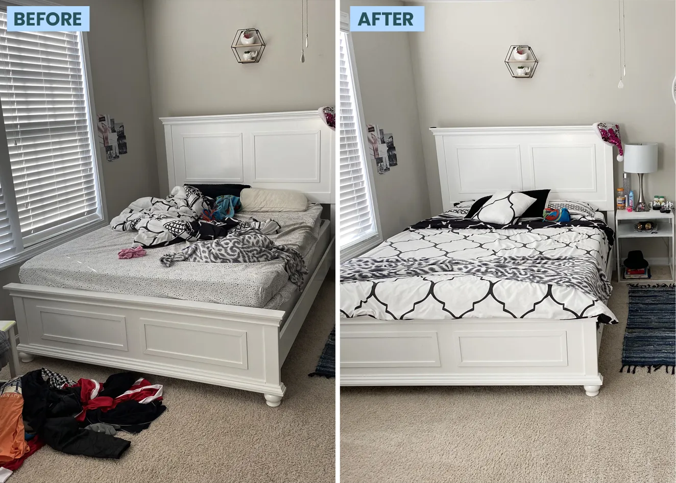 Before and after of a guest room, recurring visit cleaned by Maid for America in Charlotte, NC