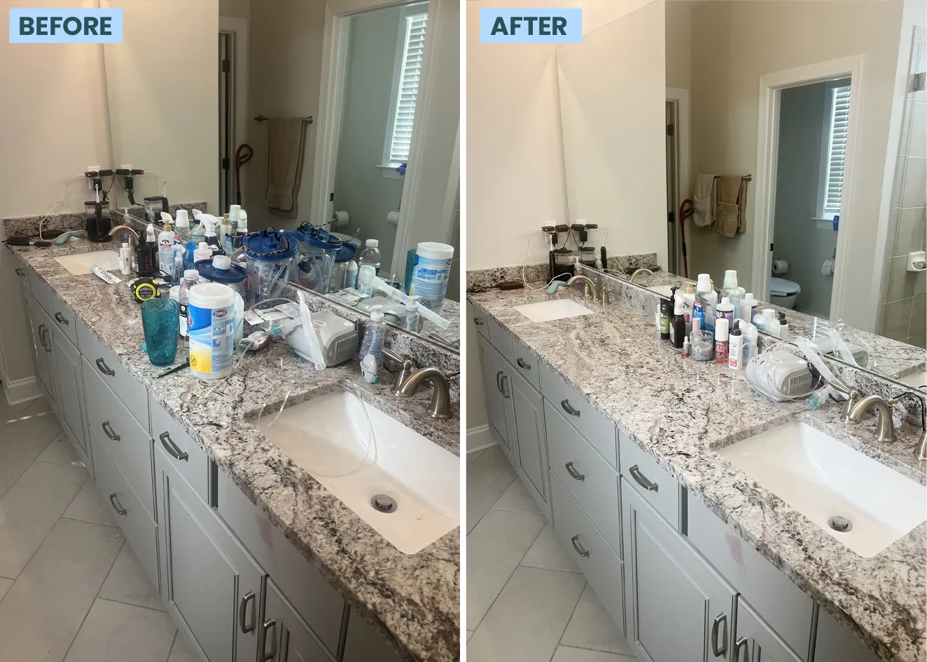 Before and after of a bathroom vanity, huntersville cleaned by Maid for America in Charlotte, NC